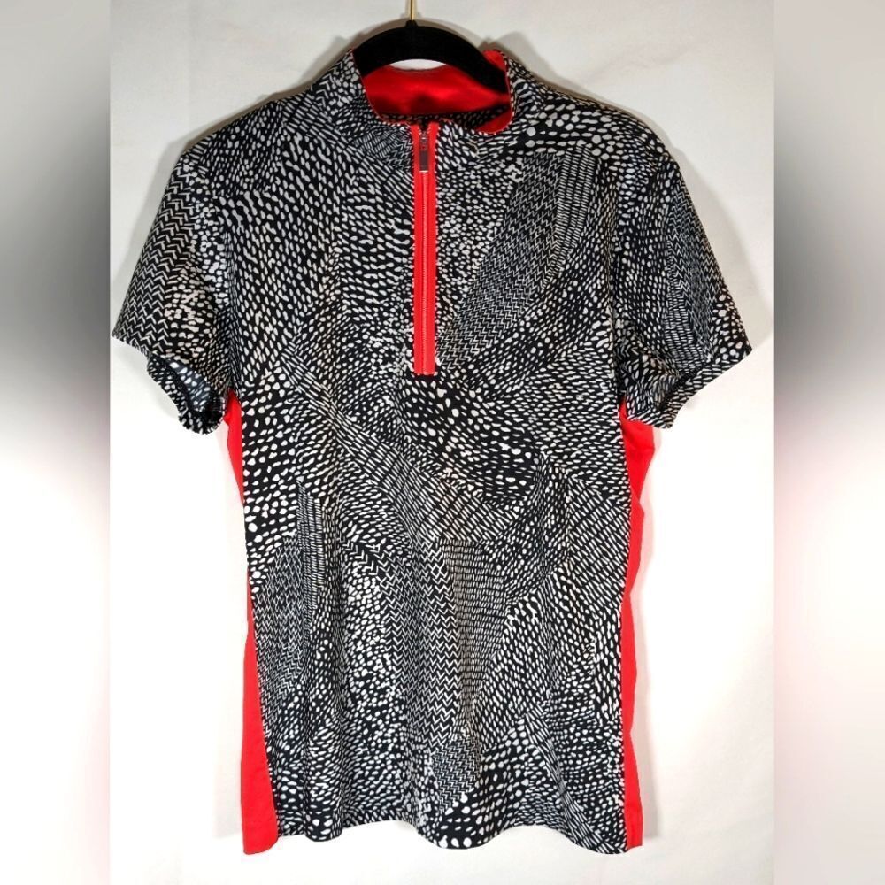 Tail Short Sleeve Golf Shirt With Half Zip, Black & White With Red Trim Size M